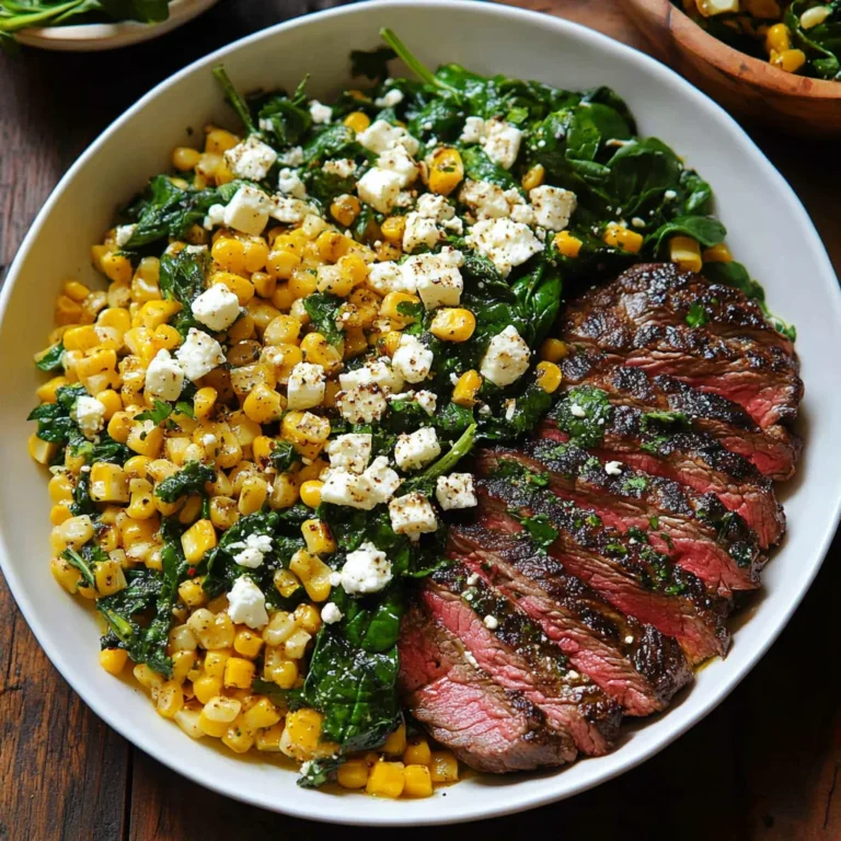 Flank Steak with Corn, Feta, and Spinach Sauce