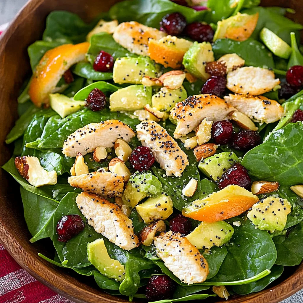 Cranberry Avocado Spinach Salad with Chicken and Orange Poppy Seed Dressing