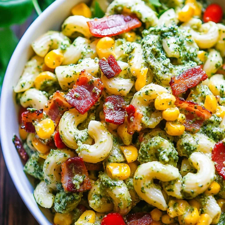 Corn Pasta Salad with Turkey Bacon and Creamy Pesto Dressing
