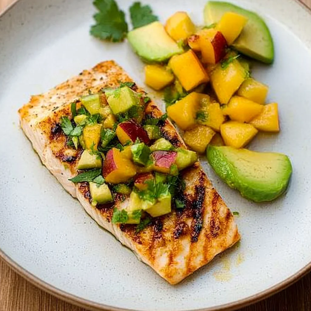 Grilled Mahi Mahi with Grilled Avocado Peach Salsa