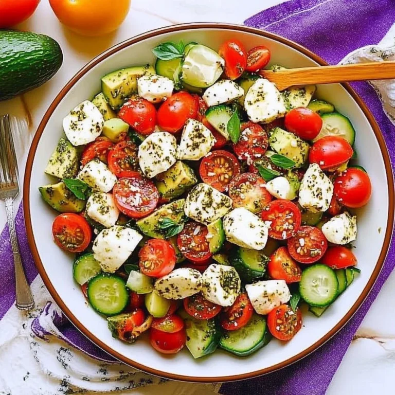 Tomato Cucumber Avocado Salad with Mozzarella and Basil Pesto