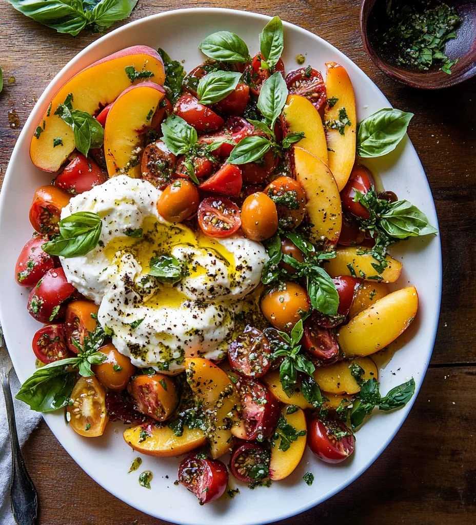 Tomato, Peach, and Burrata Salad