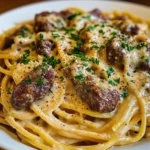Cajun Beef Spaghetti in Creamy Three-Cheese Parmesan Sauce
