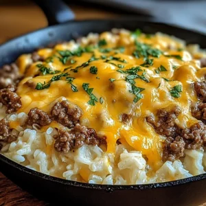 Garlic Butter Beef and Rice Skillet with Cheddar Parmesan Sauce