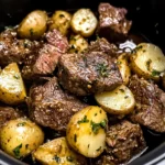crockpot garlic butter beef bites with potatoes