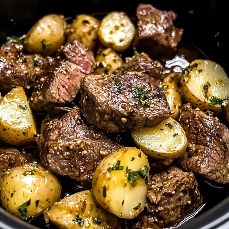 crockpot garlic butter beef bites with potatoes